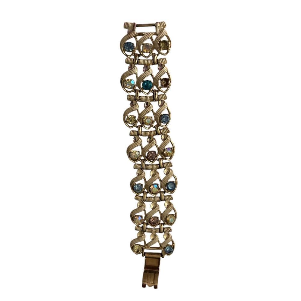Mode-Art Pastel Rhinestone Link Bracelet Bangle Gold Tone Jewelry Costume